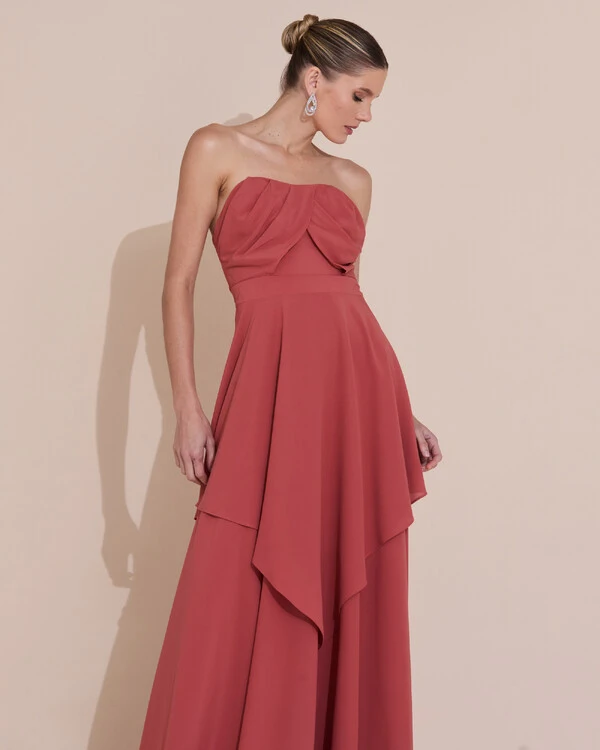 Vestido de Festa Longo Tomara que Caia Crepe Chiffon Drapeado Camadas Terracota