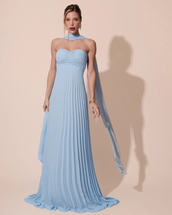 Vestido de Festa Longo Tomara que Caia Plissado com Lenço Azul Serenity