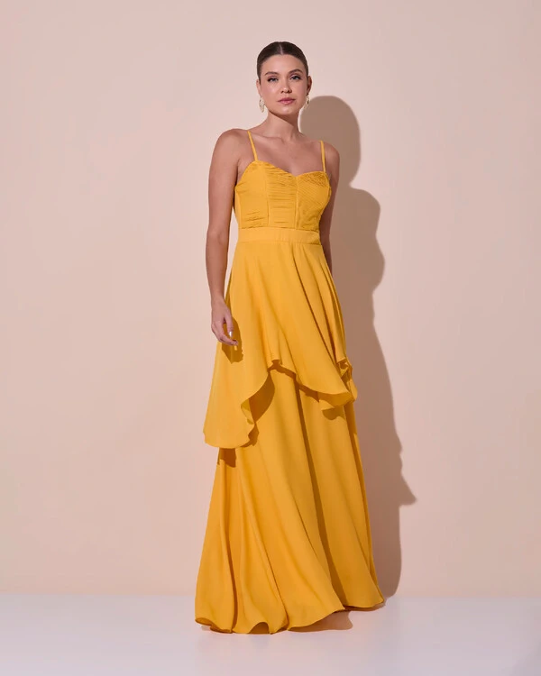 Vestido de Festa Longo Decote Coração Plissado Crepe Chiffon Babados Cascata Laranja Manga New