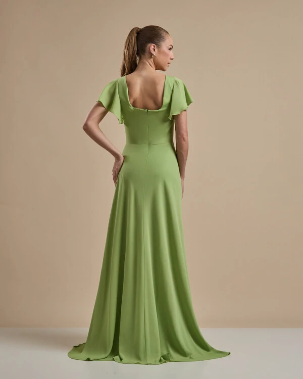 Vestido de Festa Longo Crepe Chiffon Manga Babado e Fenda Verde Garden