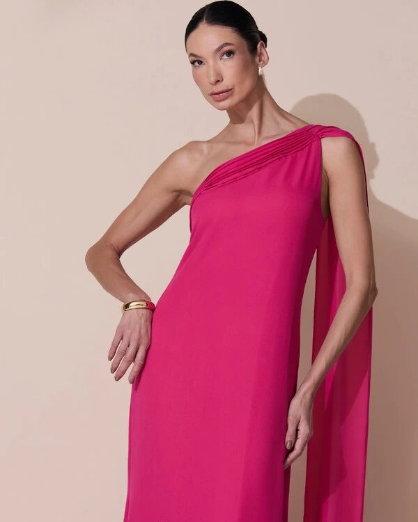 Vestido de Festa Longo Crepe Chiffon Um Ombro Só Drapeado Pink Escuro