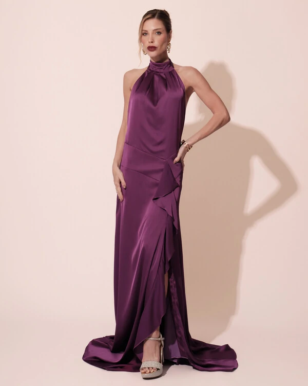 Vestido Longo de Festa Cetim Fluido Gola Alta e Babado Cascata Roxo