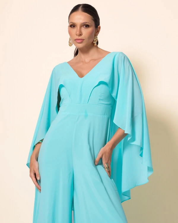 Macacão de Festa Longo Crepe Chiffon com Capa Tiffany