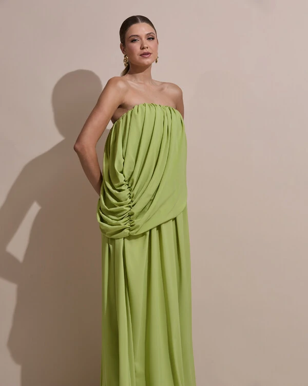 Vestido de Festa Longo Tomara Que Caia Crepe Chiffon Drapeado Verde Garden