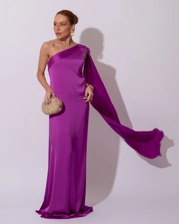 Vestido de Festa Longo Cetim Um Ombro Só Detalhe Lenço Fúcsia