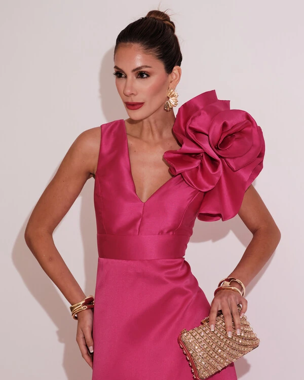 Vestido de Festa longo Zibeline Flor Pink