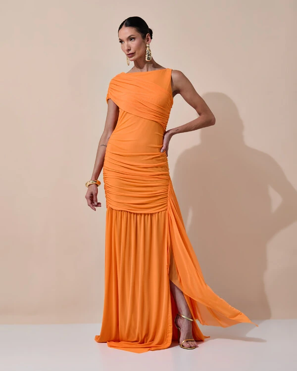 Vestido de Festa Longo Tule Faixa Detalhe Drapeado Laranja New