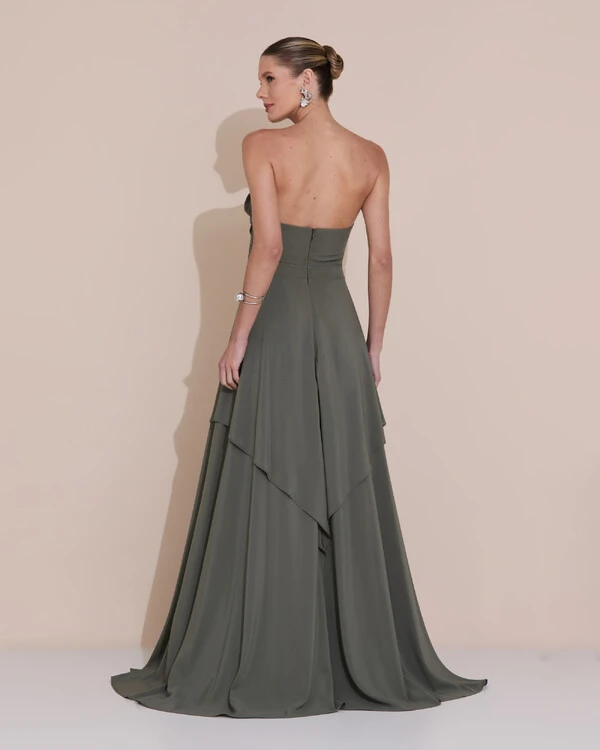 Vestido de Festa Longo Tomara que Caia Crepe Chiffon Drapeado Camadas Verde Oliva