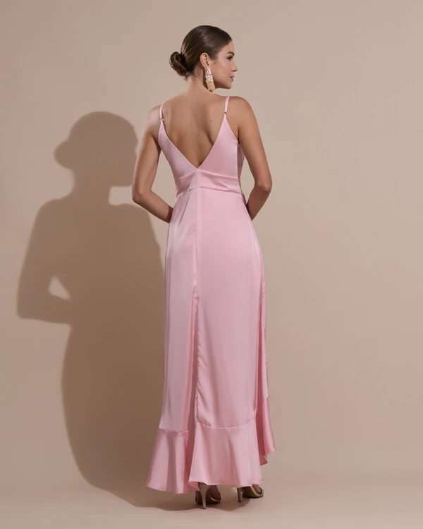 Vestido Midi Babado Acetinado Rose