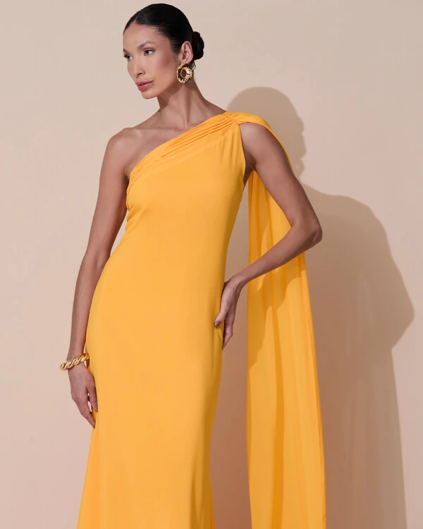 Vestido de Festa Longo Crepe Chiffon Um Ombro Só Drapeado Laranja Manga New