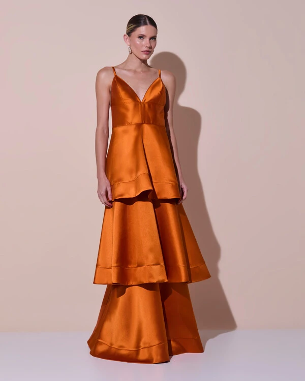 Vestido de Festa Longo Zibeline em Camadas Decote em V com Alças Terracota