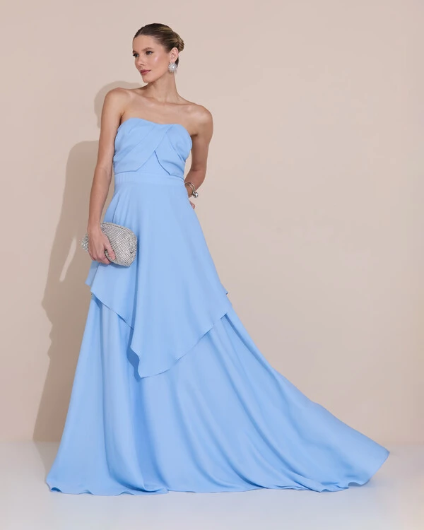 Vestido de Festa Longo Tomara que Caia Crepe Chiffon Drapeado Camadas Serenity
