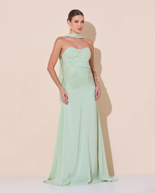 Vestido de Festa Longo Decote Coração Crepe Chiffon Drapeado Plissado Lenço Verde Menta New