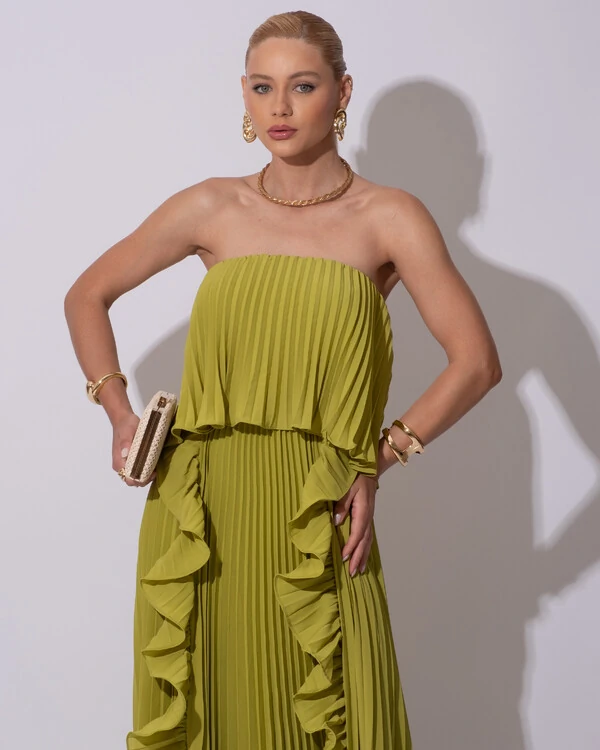 Vestido de Festa Longo Crepe Chiffon Tomara que Caia Plissado com Babado Cascata Verde Pistache