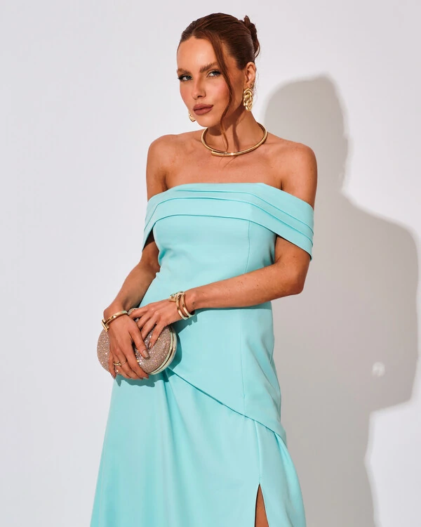 Vestido de Festa Longo Alfaiataria Ombro a Ombro Drapeado com Fenda Tiffany