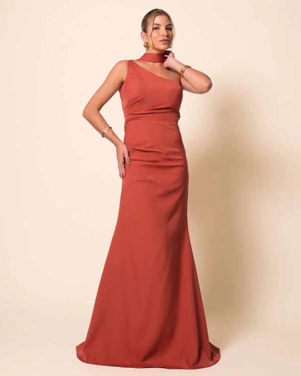 Vestido de Festa Longo Alafataria Um Ombro Só Detalhe Drapeado Terracota