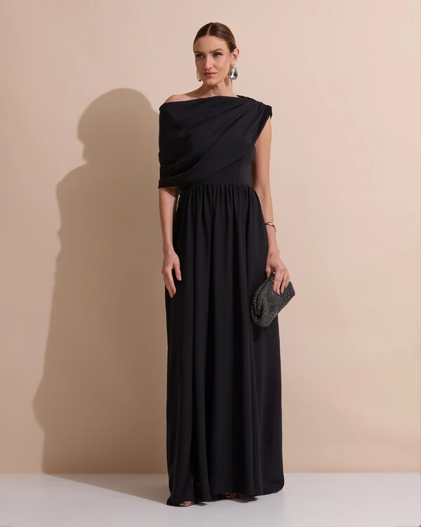 Vestido de Festa Longo Um Ombro Só Crepe Chiffon Capa Drapeado Preto