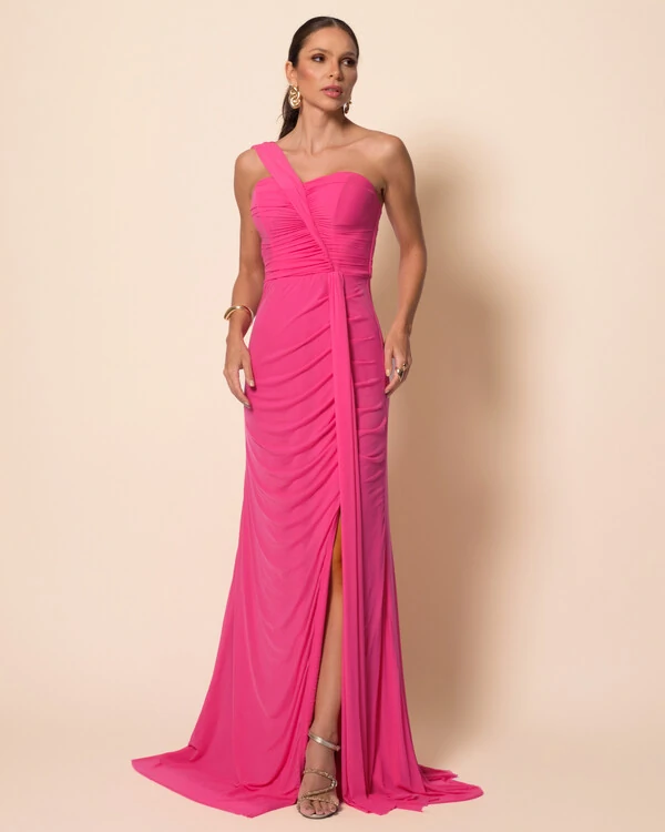 Vestido de Festa Longo Tule Tomara que Caia Faixa Detalhe Drapeado e Fenda Pink
