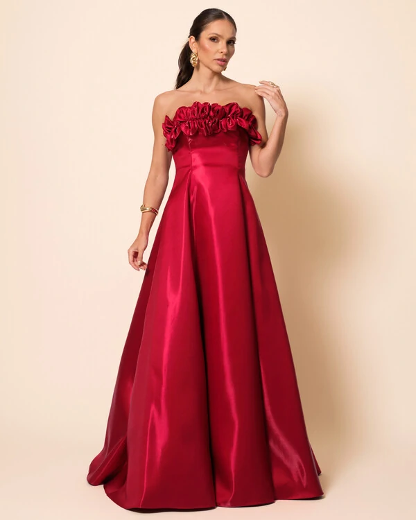 Vestido de Festa Longo Cetim Cristal Tomara que Caia com Flor 3D Vermelho