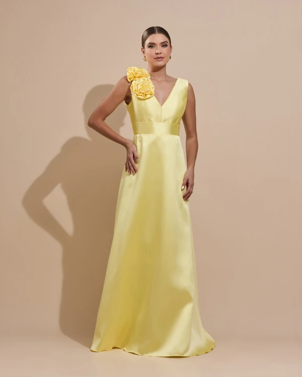 Vestido de Festa longo Zibeline Decote em V com Flores Removivel Amarelo Manteiga
