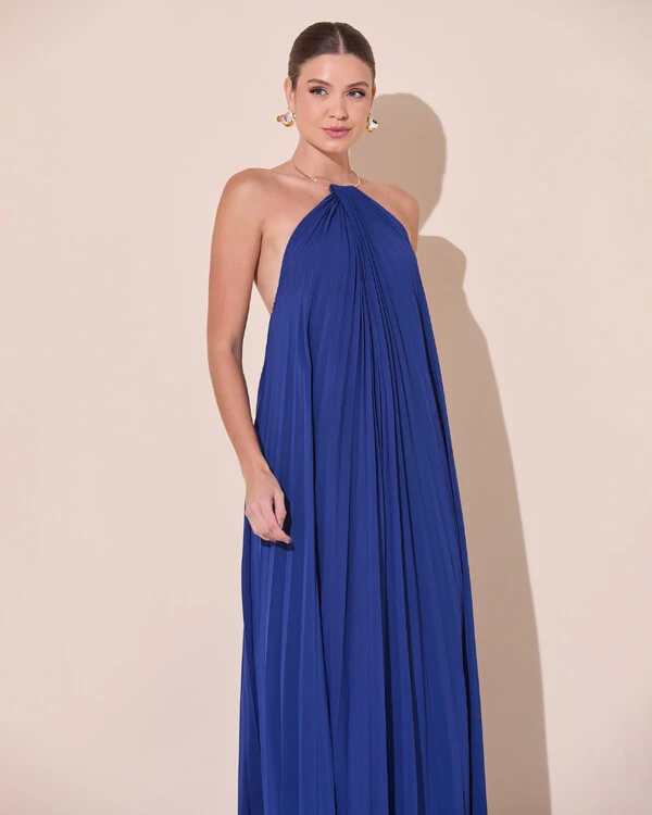 Vestido de Festa Longo Frente Única Plissado Crepe Chiffon Argola Azul Marinho