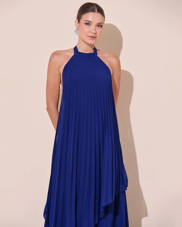 Vestidos de Festa Longo Chiffon Fluido Frente Única Plissado Duplo Azul Marinho