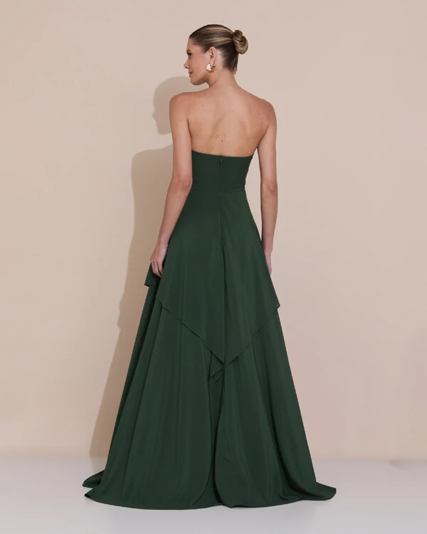 Vestido de Festa Longo Tomara que Caia Crepe Chiffon Drapeado Camadas Verde Escuro New