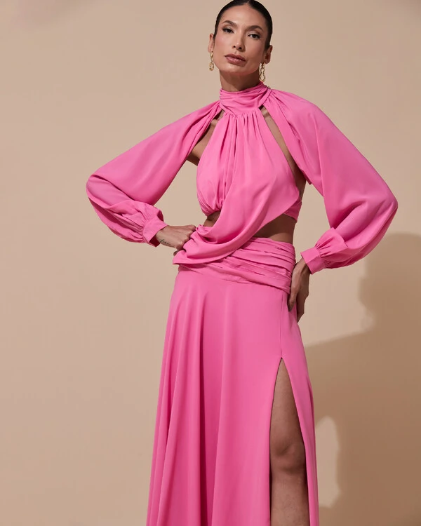 Vestido de Festa Longo Gola Alta Crepe Chiffon Recortes Drapeado Manga Longa Fenda Rosa