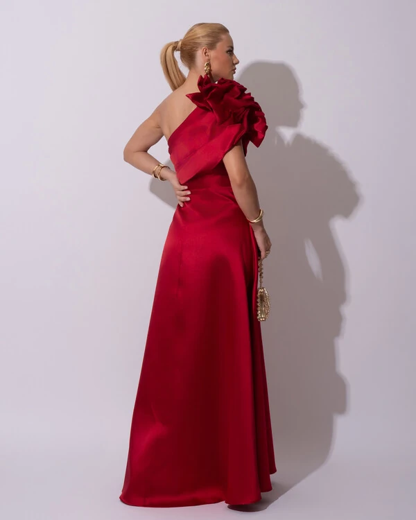 Vestido de Festa Longo Zibeline um Ombro Só Flor Drapeado Marsala