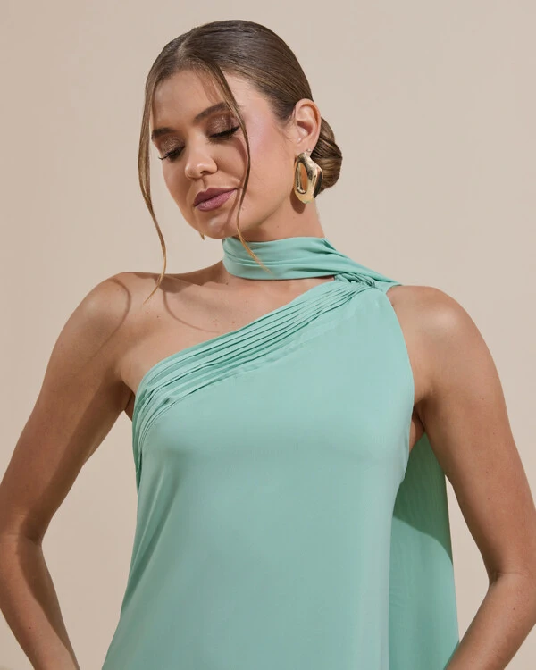 Vestido de Festa Longo Crepe Chiffon Um Ombro Só Drapeado Verde Menta