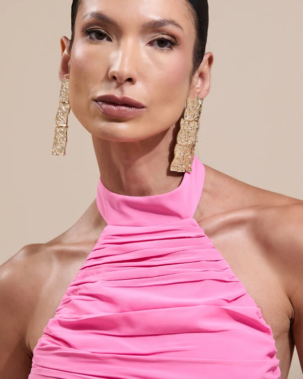Vestido de Festa Longo Frente Única Crepe Chiffon Drapeado Babados Cascata Rosa