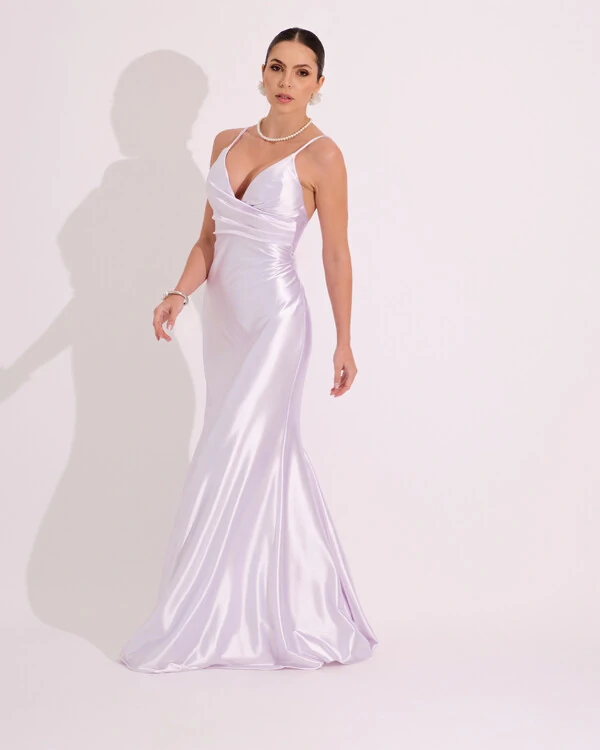 Vestido de Festa Longo Malha Cetim Busto Drapeado Saia Sereia Branco