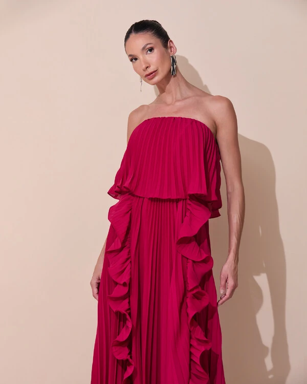 Vestido de Festa Longo Crepe Chiffon Tomara que Caia Plissado com Babado Cascata Cereja