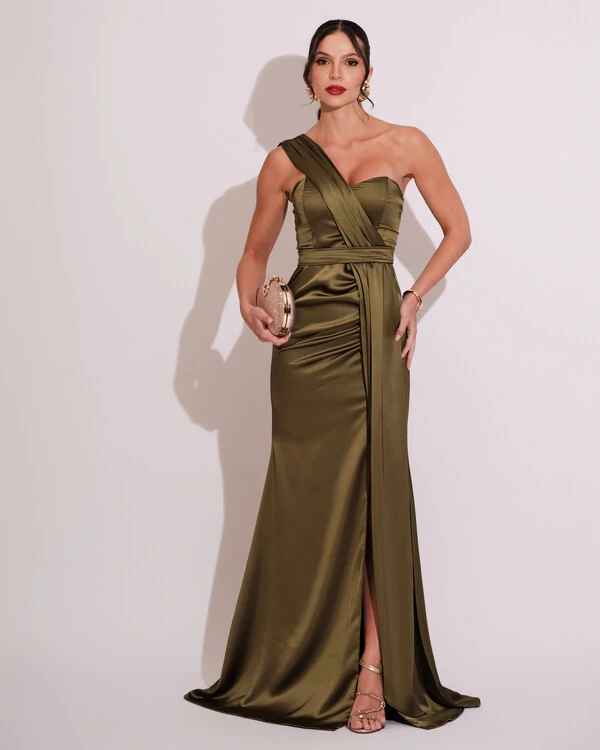 Vestido de Festa Longo Cetim Alfaiataria Tomara que Caia Faixa Verde Oliva