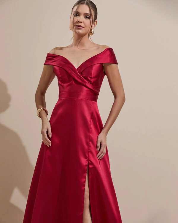 Vestido de Festa Longo Zibeline Ombro a Ombro com Fenda Marsala