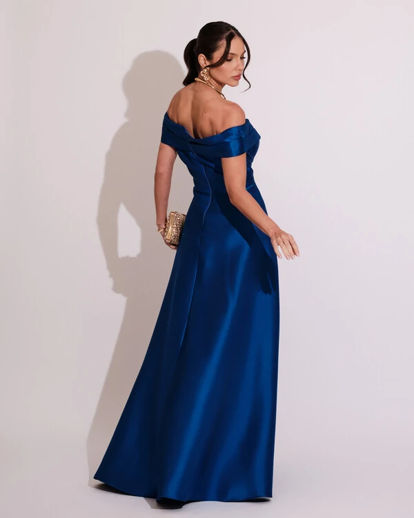 Vestido de Festa Longo Zibeline Ombro a Ombro com Fenda Azul Royal