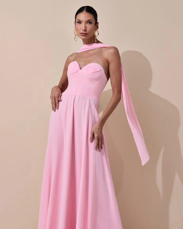Vestido de Festa Longo Tomara que Caia Crepe Chiffon Decote Coração Lenço Rosa Claro