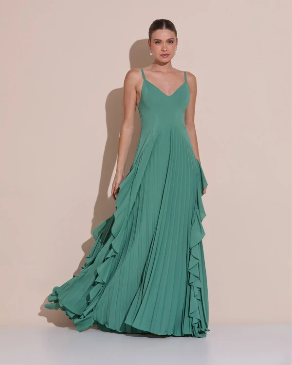 Vestido de Festa Longo Crepe Chiffon Alça Fina Saia Plissada com Babado Cascata Verde Matcha Escuro