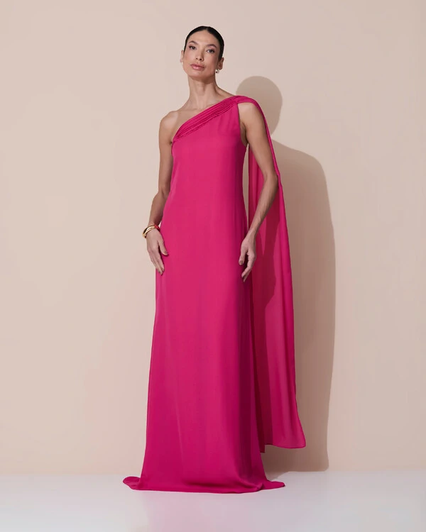 Vestido de Festa Longo Crepe Chiffon Um Ombro Só Drapeado Pink Escuro