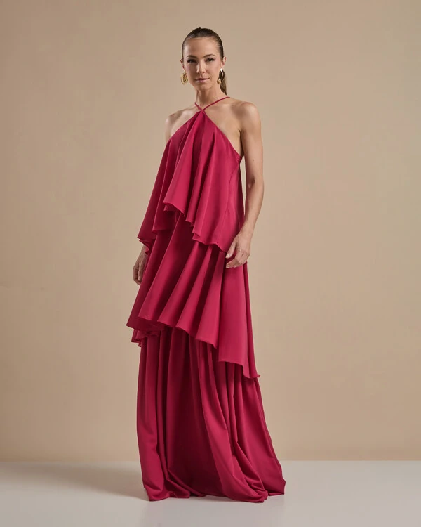 Vestido Longo Babado em Camadas Cereja