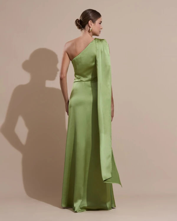 Vestido de Festa Longo Cetim Alfaiataria Um Ombro Só Drapeado com Lenço Verde Pistache