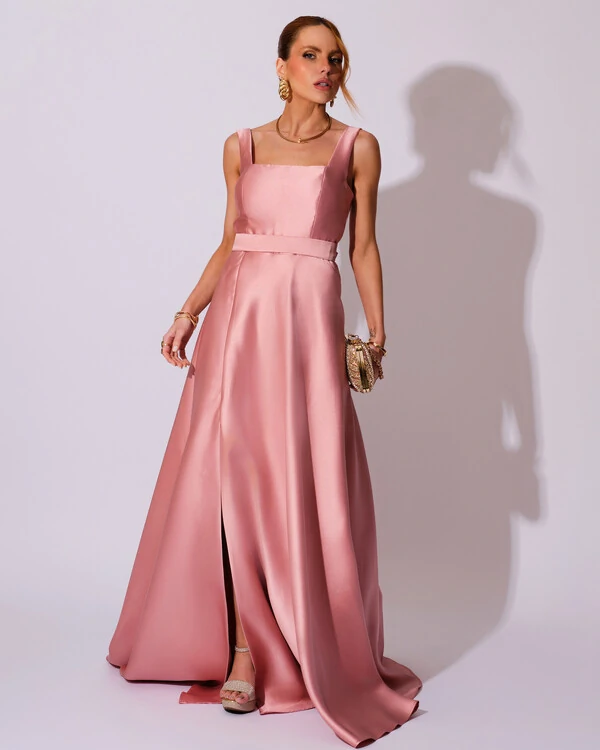 Vestido de Festa Longo Zibeline com Fenda e Faixa Rose
