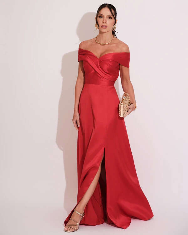 Vestido de Festa Longo Zibeline Ombro a Ombro com Fenda Vermelho