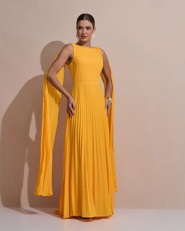 Vestido de Festa Longo Crepe Chiffon Plissado com Lenço nas Alças Laranja Manga New