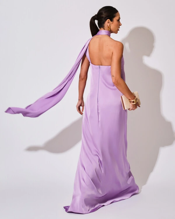Vestido de Festa Longo Cetim Fluido Um Ombro Só Lenço Fixo Lilás