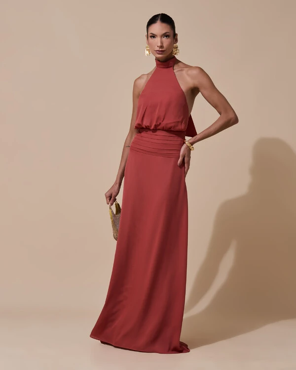 Vestido de Festa Longo Frente Única Busto Blousê Crepe Chiffon Drapeado Terracota