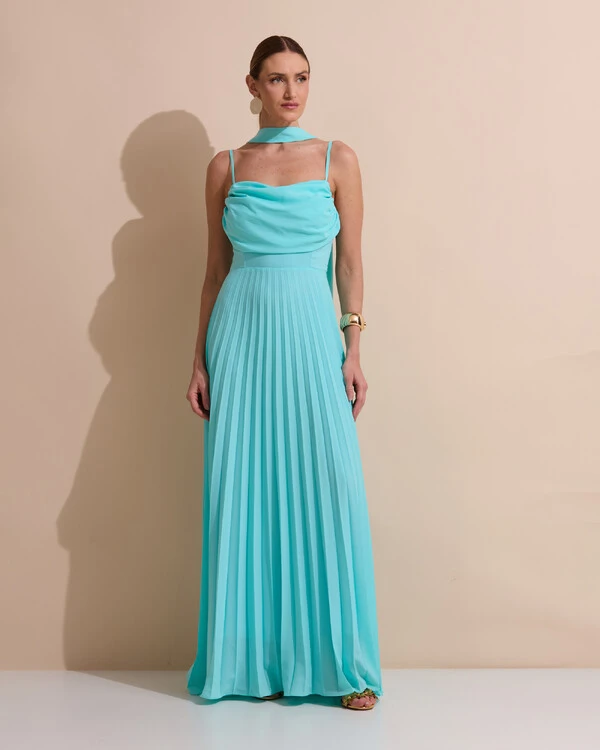 Vestido de Festa Longo Crepe Chiffon Plissado Trançado e Lenço Tiffany