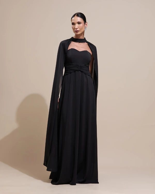 Vestido de Festa Longo Tomara Que Caia Crepe Chiffon Drapeado Capa Preto