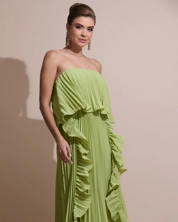 Vestido de Festa Longo Crepe Chiffon Tomara que Caia Plissado com Babado Cascata Verde Garden