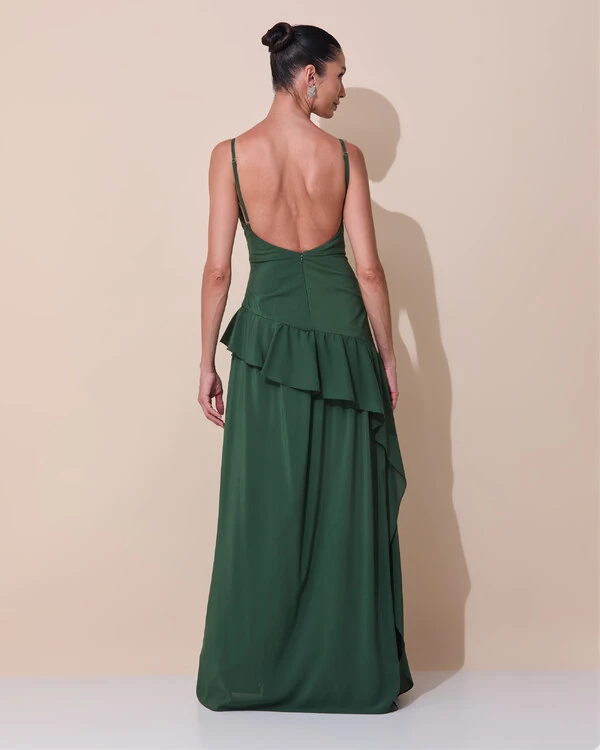 Vestido de Festa Longo Decote Drapeado Crepe Chiffon Fenda Babado Camadas Verde Escuro New